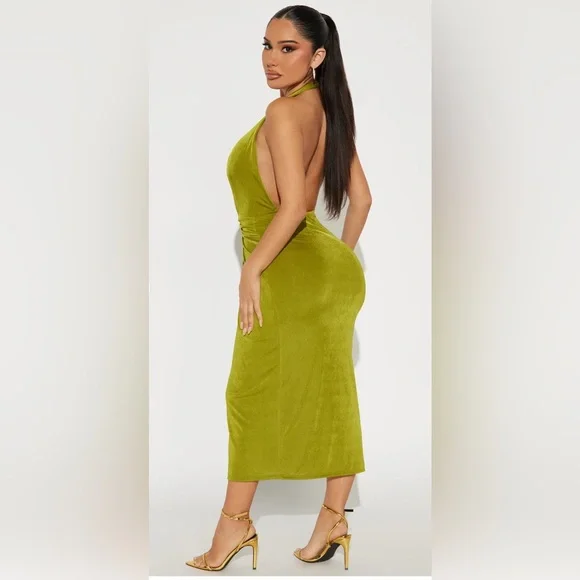 Elegant Olive Green Halter Dress - Picture 4 of 5